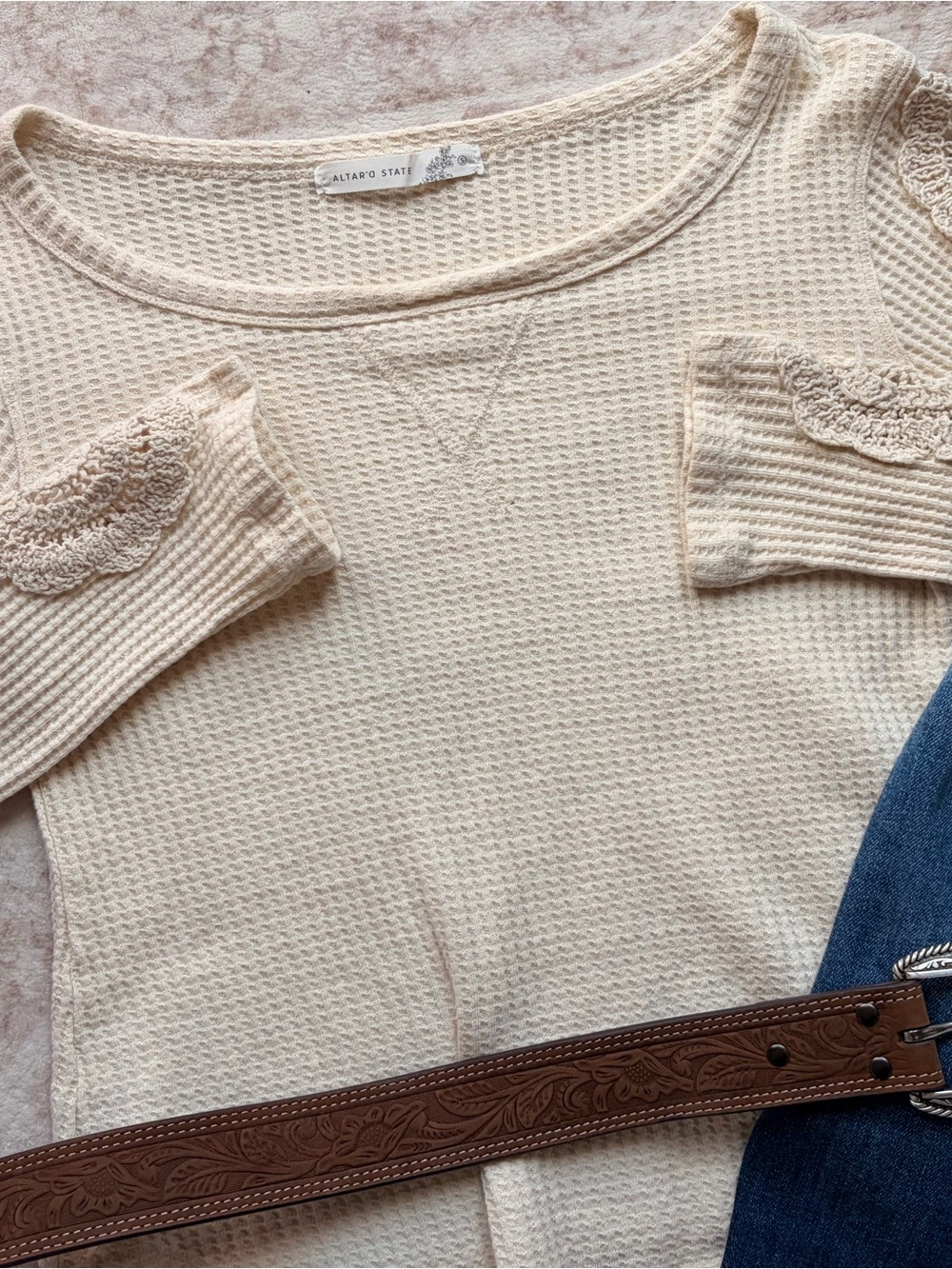 Altar'd State Cream Waffle-Knit Scoop Neck Sweater